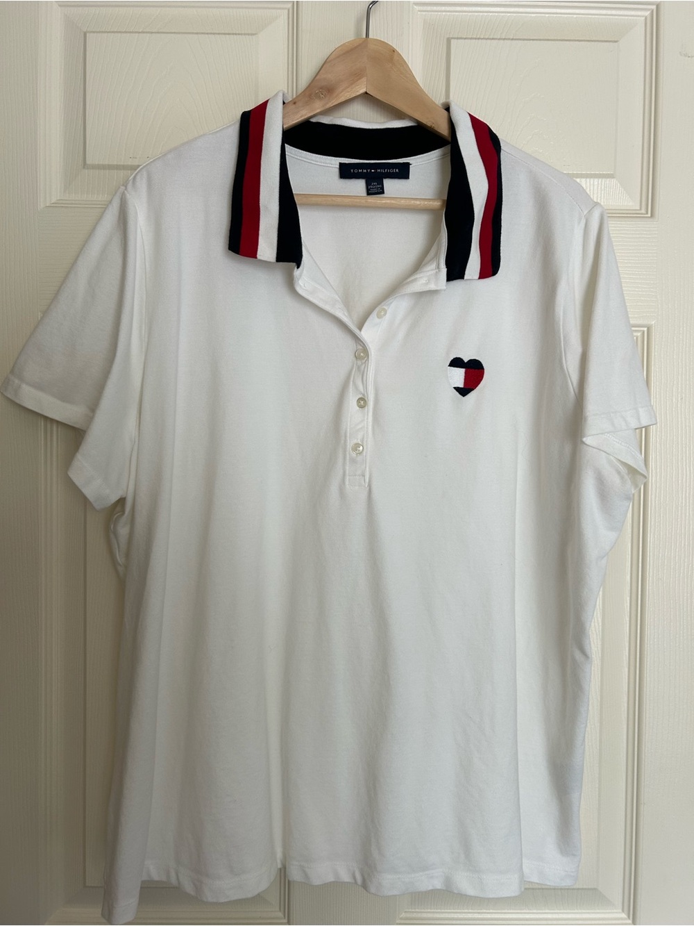 Tommy Hilfiger White Polo with Red & Navy Stripe Collar and Heart Patch